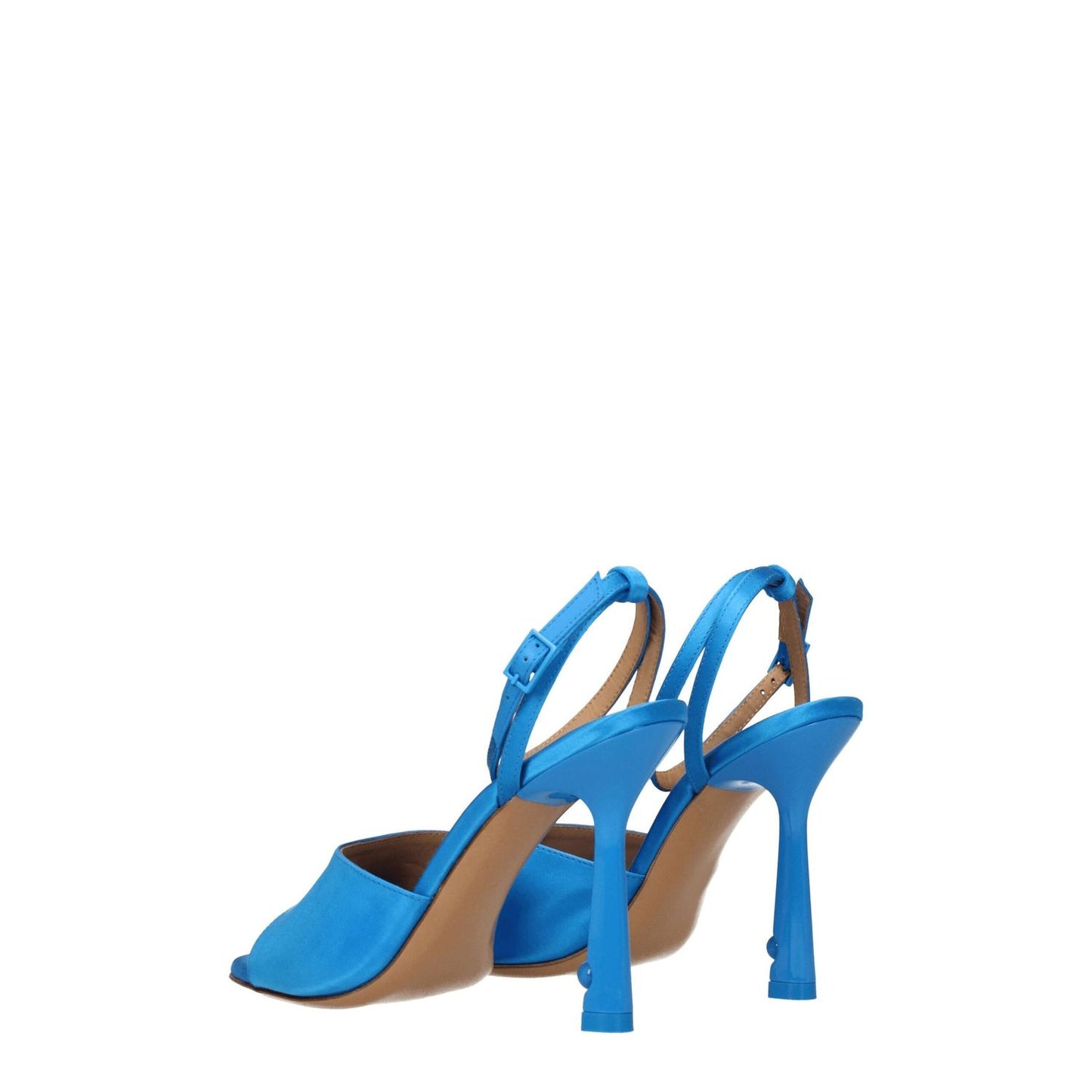 Off-White Blue Satin Stiletto Heel Sandals with buckle closure, leather sole, and 10.5 cm high heel, side view.