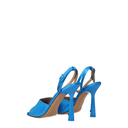Off-White Blue Satin Stiletto Heel Sandals with buckle closure, leather sole, and 10.5 cm high heel, side view.
