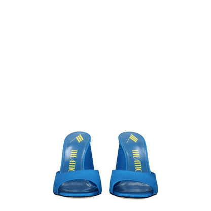 The Attico Light Blue Satin Platform Sandals with high heel and open toe design, featuring turquoise accents and leather soles.