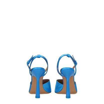 Back view of Off-White Blue Satin Stiletto Heel Sandals with buckle closure and leather sole.