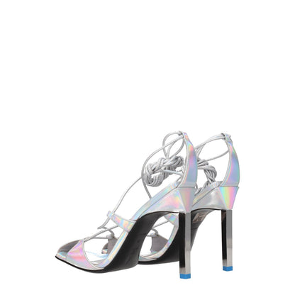 The Attico Gray Leather Stiletto Heel Sandals with self-tie closure and open toe, showcasing high heel design in silver leather.