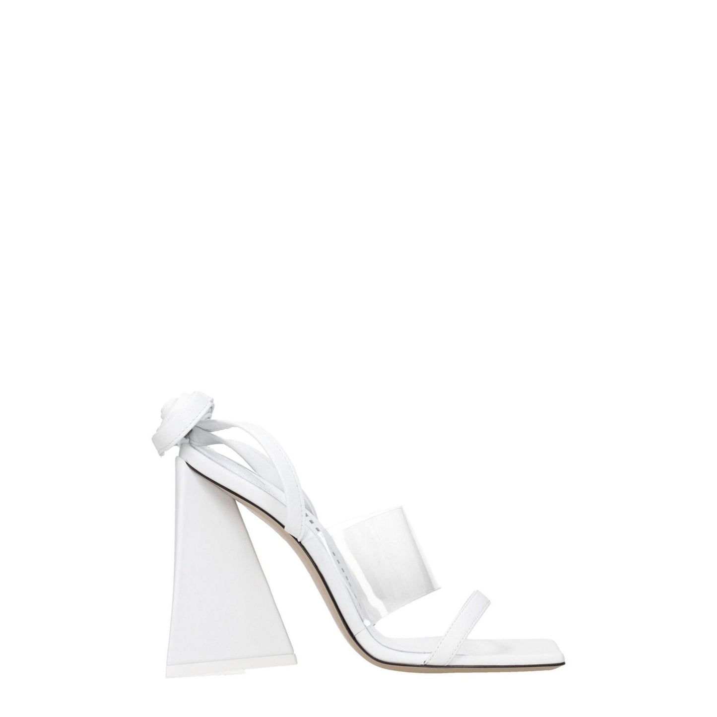 The Attico White Leather Stiletto Heel Sandals with high heel, open toe, and self-tie design, style code F76083, side view.