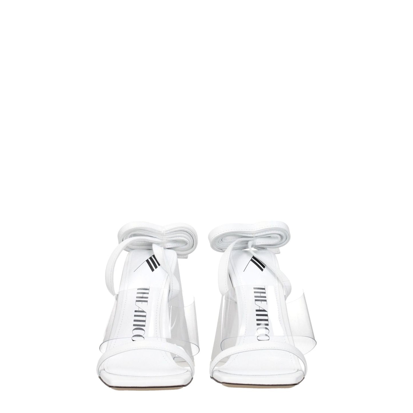 The Attico White Leather Stiletto Heel Sandals with open toe and self-tie closure, featuring a high 11.5 cm heel, front view.