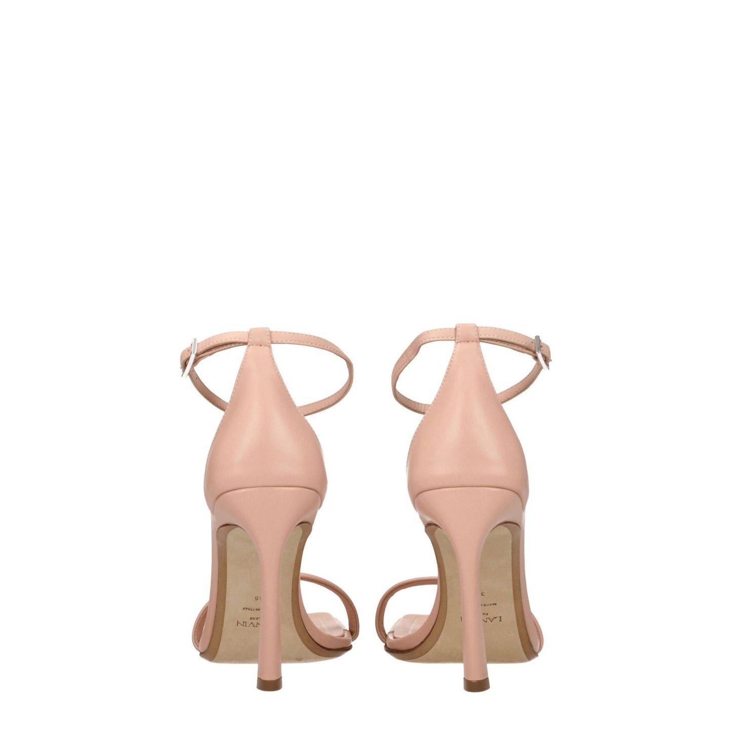 Back view of Lanvin Pink Leather Stiletto Heel Sandals featuring buckle closure and high heel design.