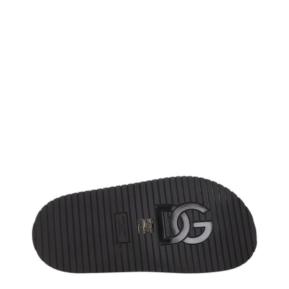 Dolce & Gabbana Black Leather Slippers with rubber sole and logo design, showcasing luxury casual footwear from the new collection.