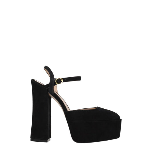 Stuart Weitzman Black Leather Platform Sandals with high heel and buckle closure.