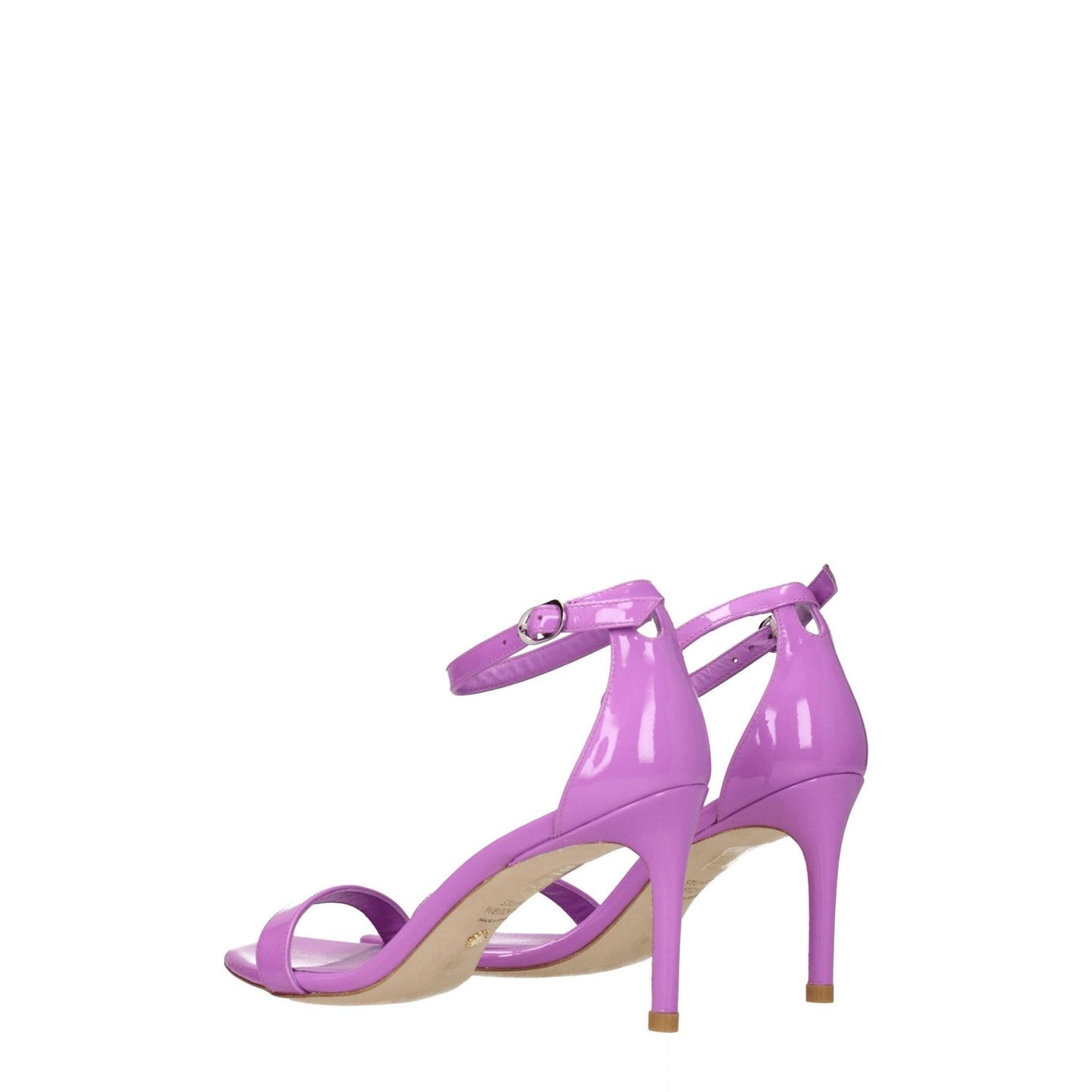 Stuart Weitzman Purple Leather Stiletto Heel Sandals with silver buckle closure, open toe, and lilac patent leather finish.
