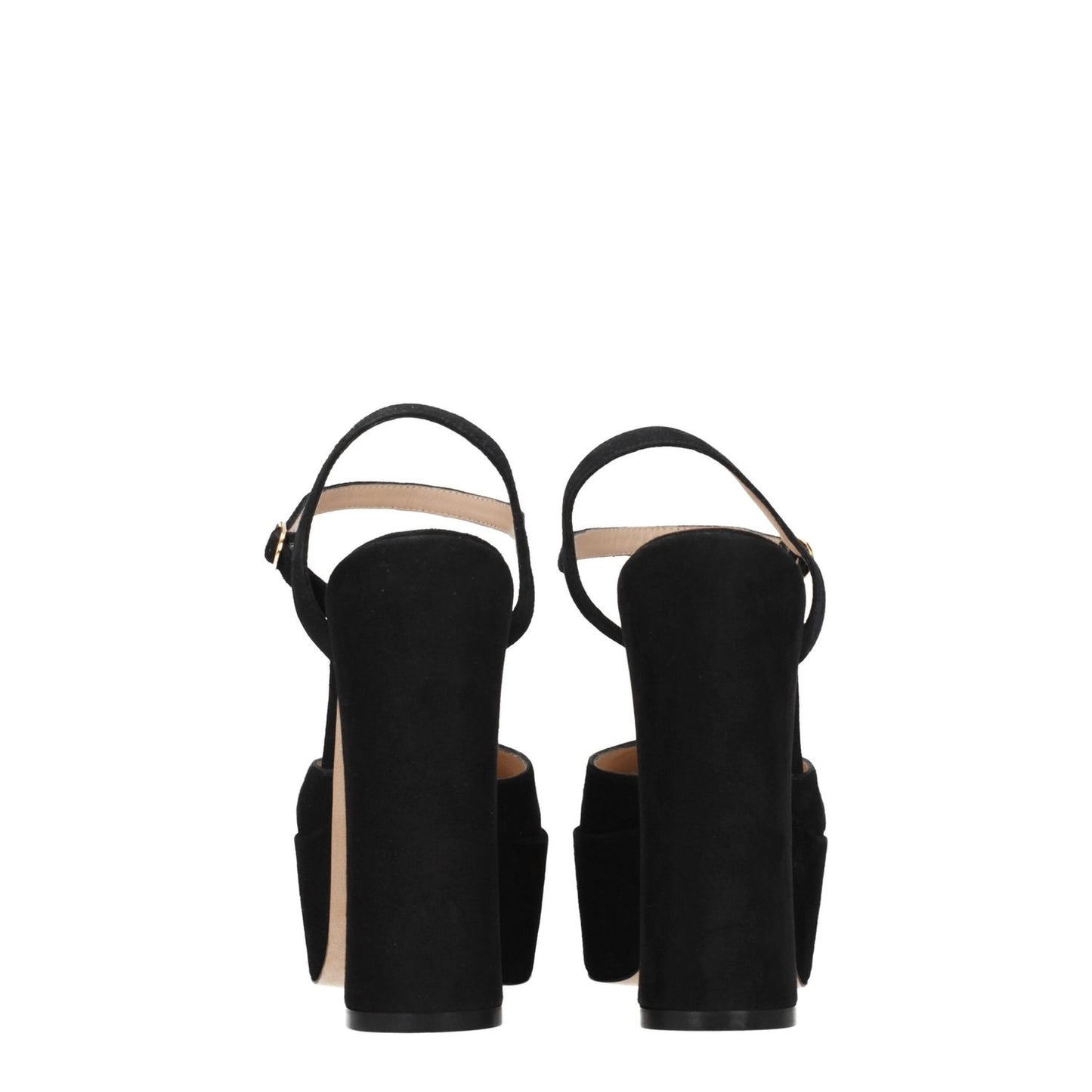 Stuart Weitzman Black Leather Platform Sandals with buckle closure, high heel, and round toe design, rear view.