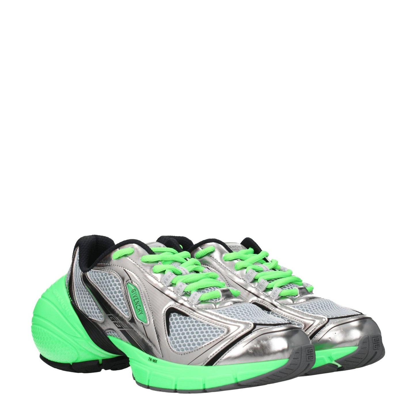 Givenchy Gray Fabric Athletic Sneakers with silver fabric, green accents, lace-up closure, and rubber sole, designed for casual wear.