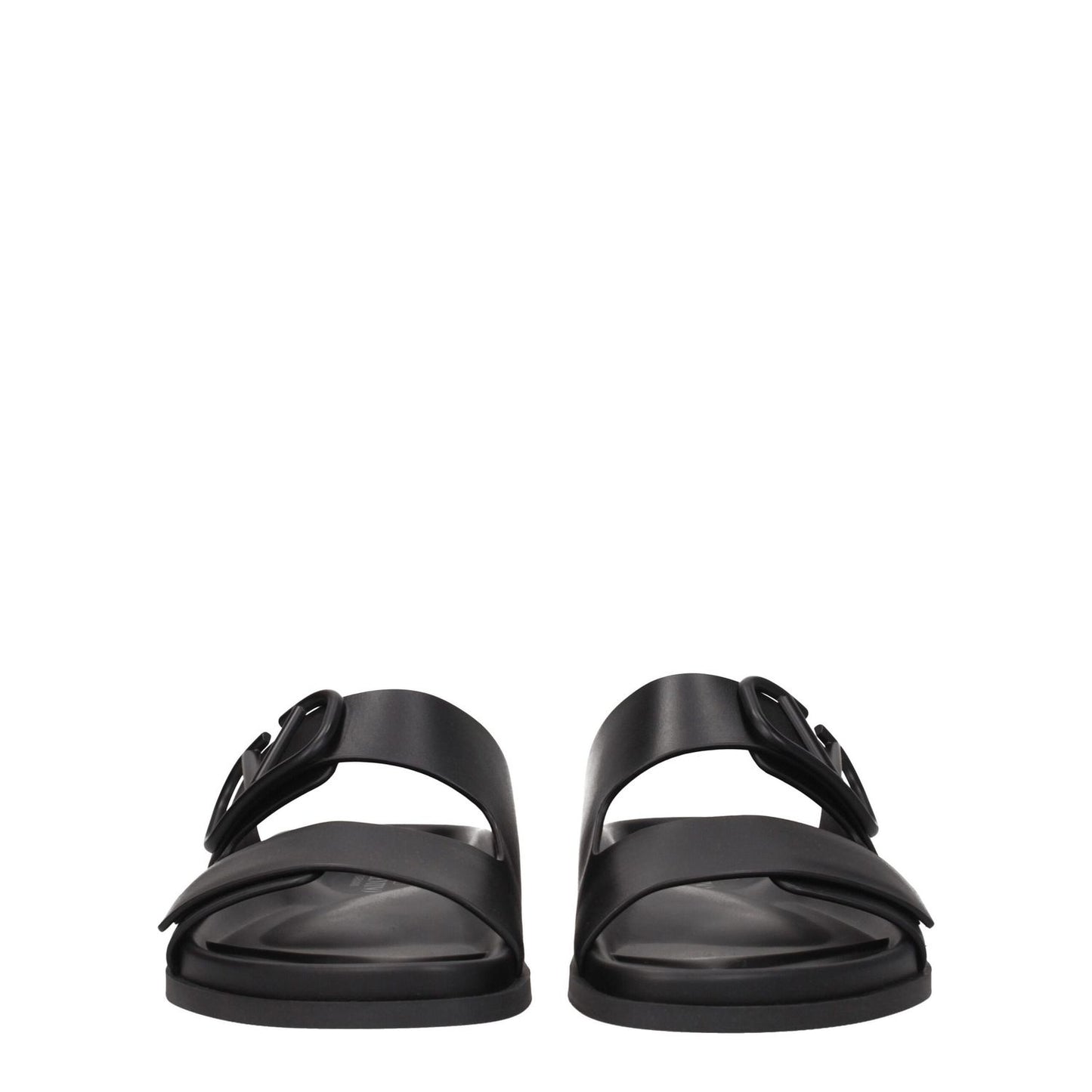 Valentino Garavani Black Leather Slippers with front logo, casual style, open toe, low flat heel, leather with rubber sole.