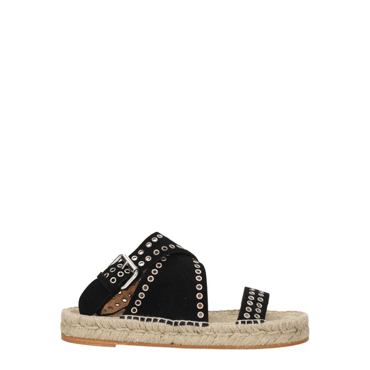 Isabel Marant Black Leather Flat Sandals with silver studs, buckle closure, and open toe design, featuring a suede upper and leather sole.
