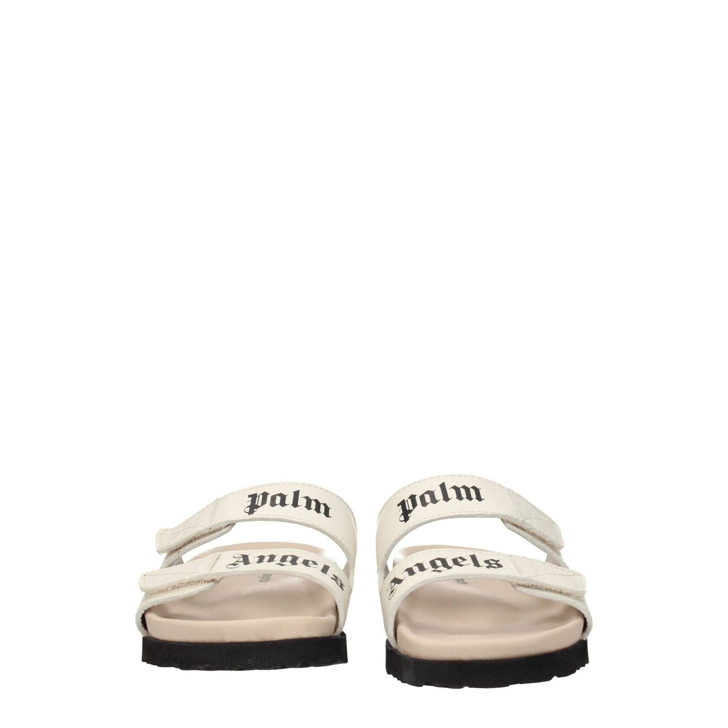 Palm Angels Beige Leather Flat Sandals with front logo and strap closure, featuring rubber sole and open toe design.