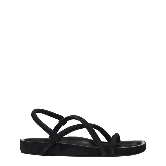 Isabel Marant Black Leather Flat Sandals with suede straps, open toe, casual style, and low heel, showcasing aged and vintage effects.