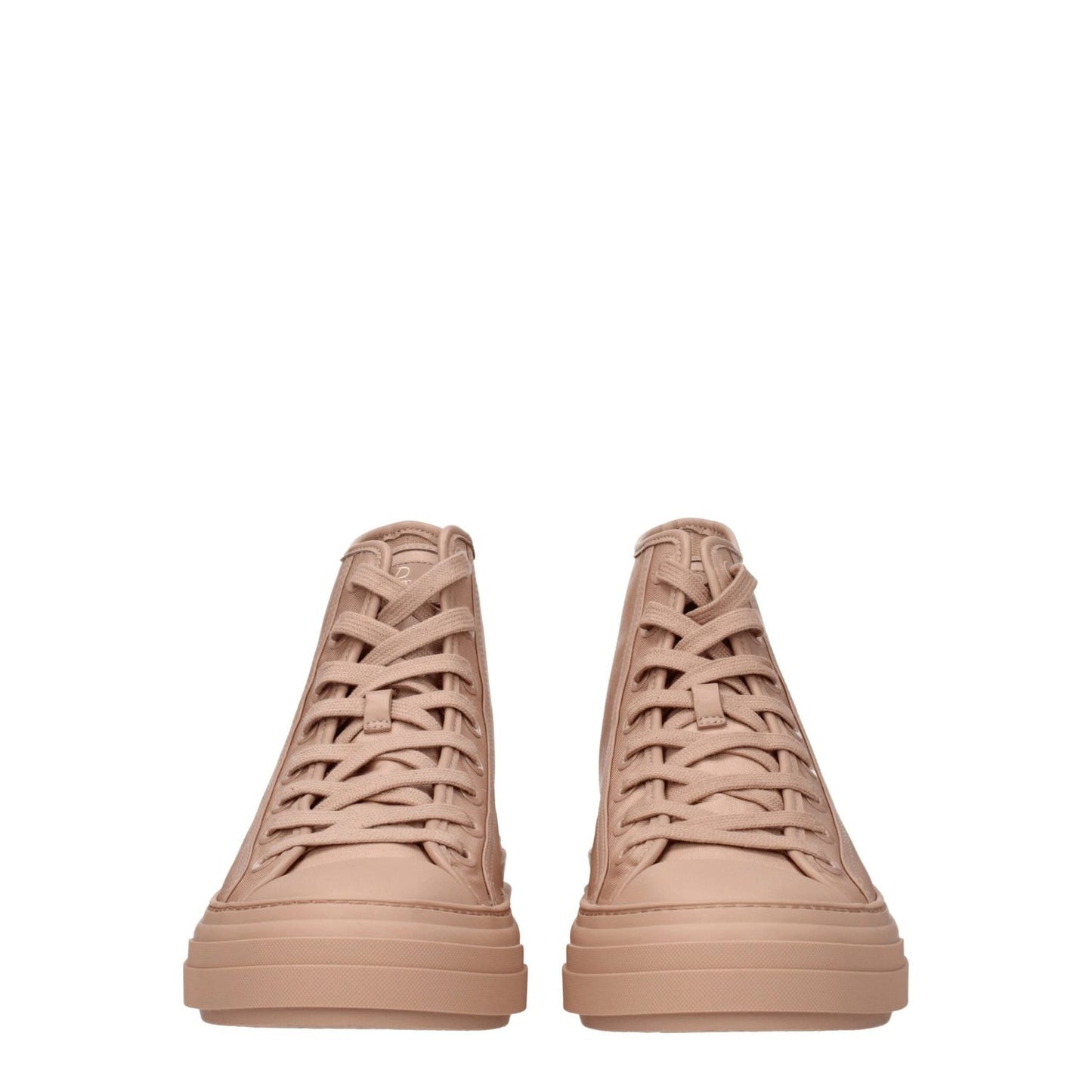 Valentino Garavani Pink Fabric High Top Sneakers, featuring lace-up closure and rubber sole, front and back logo design.