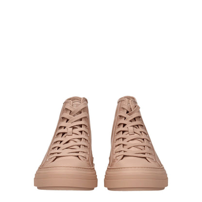 Valentino Garavani Pink Fabric High Top Sneakers, featuring lace-up closure and rubber sole, front and back logo design.