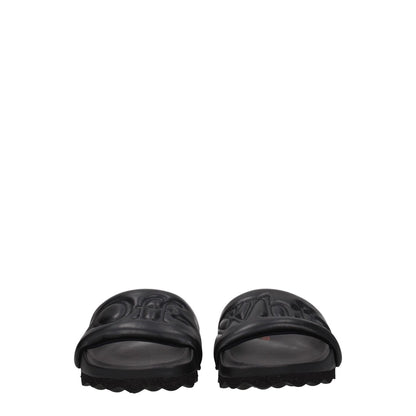 Off-White Black Leather Slippers, casual style, featuring front logo and round toe, designed for comfort with low flat heels, rubber sole.