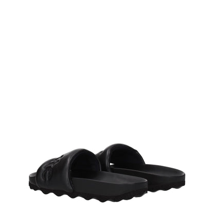 Off-White Black Leather Slippers with front logo, designed for casual wear, featuring a rubber sole and round toe.