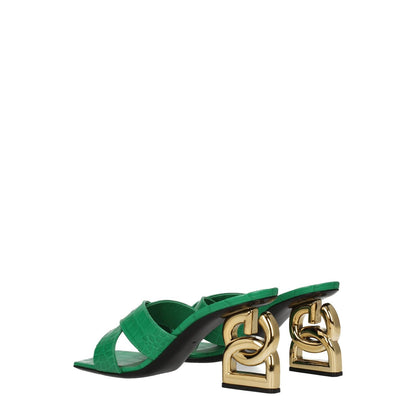 Dolce & Gabbana Green Leather Flat Sandals with gold accents and mid heels