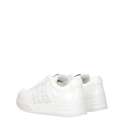 Givenchy White Leather Low Top Sneakers with logos, lace-up design, round toe, and rubber sole. MPN BE0030E1QQ100, stylish casual footwear.