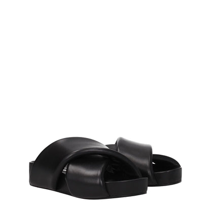 Jil Sander Black Leather Slippers with open toe and mid heel, featuring vintage effect, made of leather. Stylish casual footwear for everyday wear.