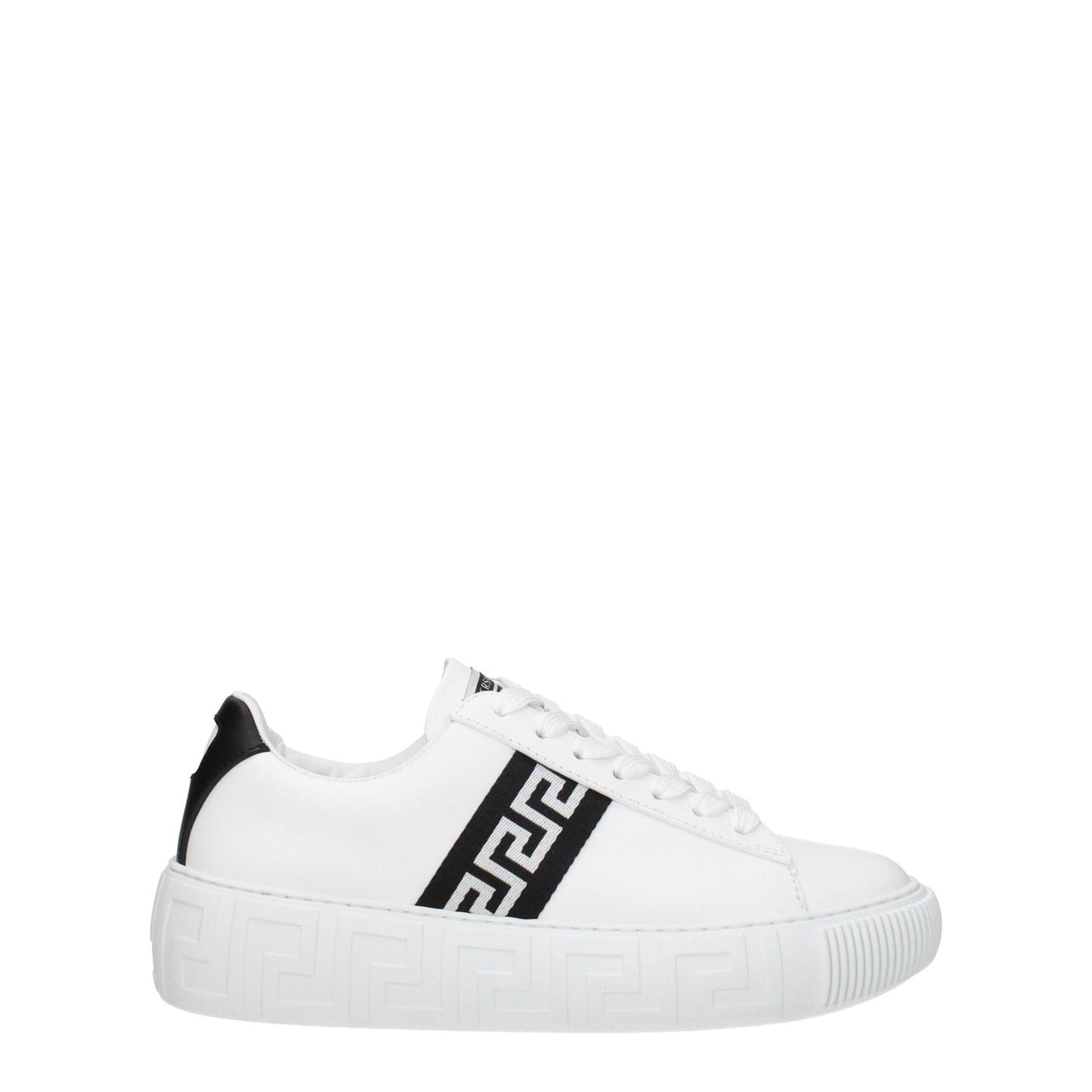 Versace White Leather Low Top Sneakers with black accents, featuring front logo and lace-up closure, ideal for casual style.