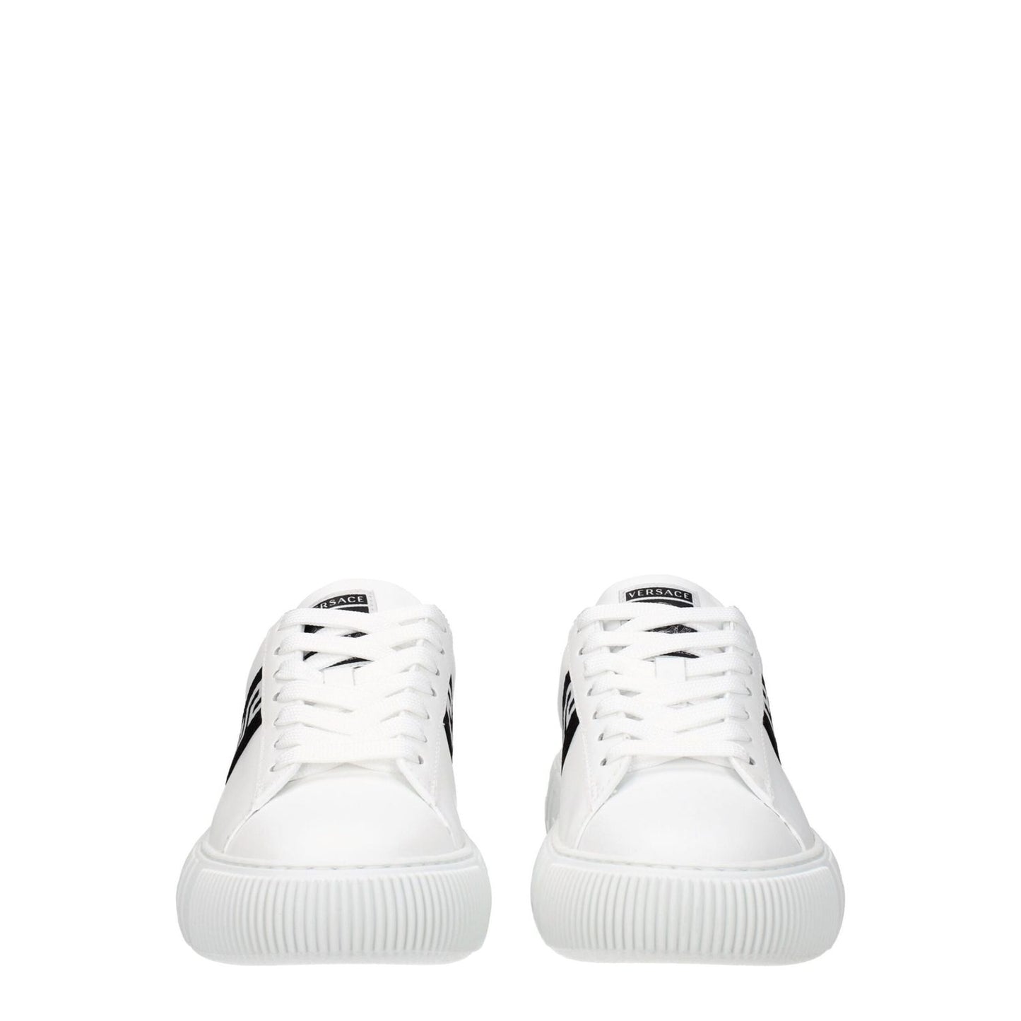 Versace White Leather Low Top Sneakers with lace-up closure and rubber sole, featuring front logo and black details.