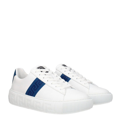 Versace White Leather Low Top Sneakers featuring blue side detail and rubber sole, casual lace-up design with round toe and mid heels.