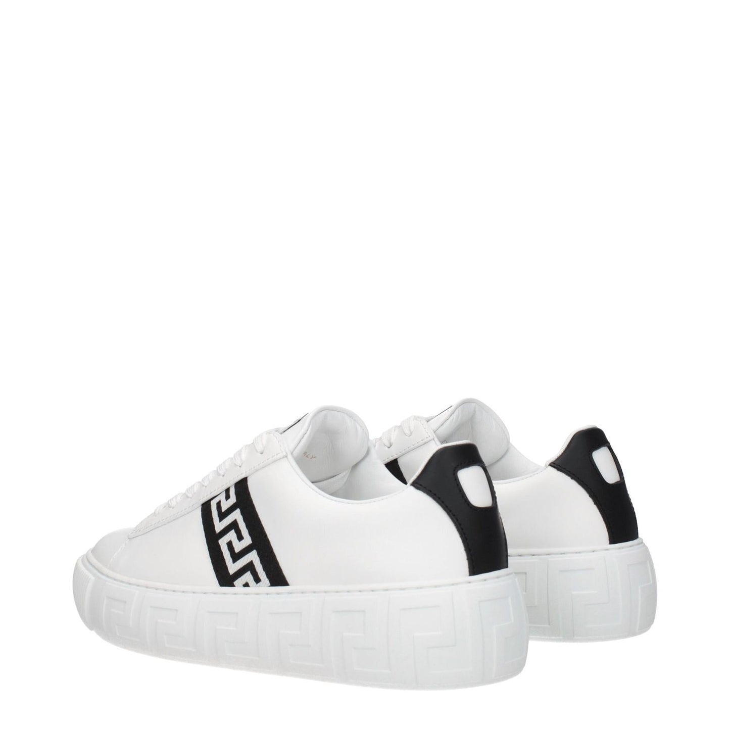 Versace White Leather Low Top Sneakers with black logo and lace-up design, featuring a round toe and rubber sole.