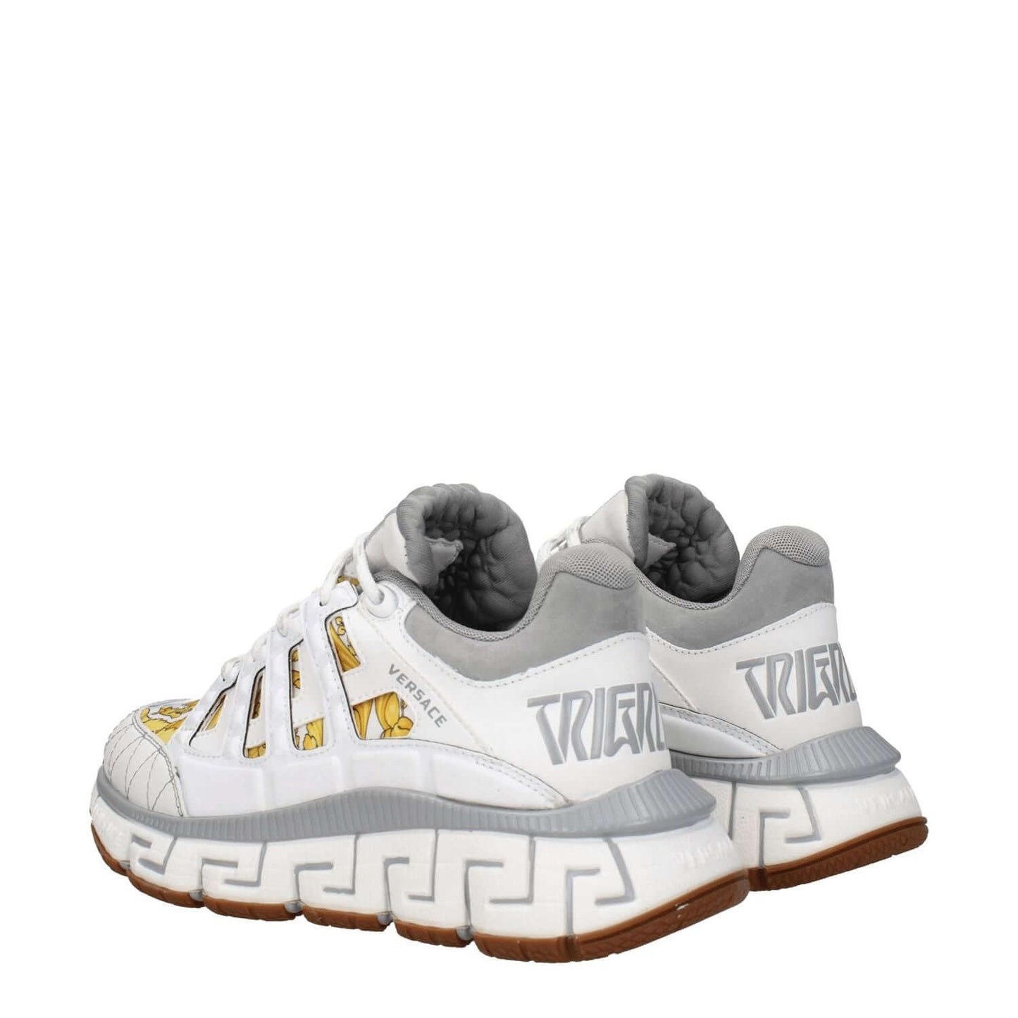 Versace White Fabric Athletic Sneakers with front, side, back logos, lace-up closure, rubber sole, and grey accents, round toe, mid heels.