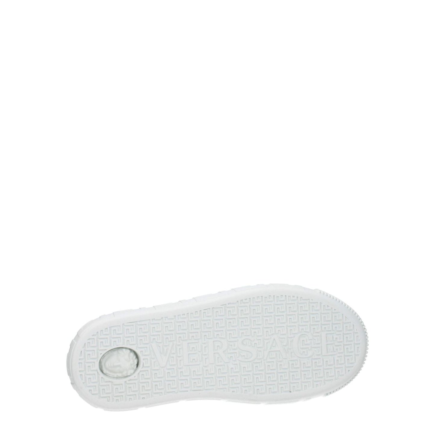 Sole view of Versace White Leather Low Top Sneakers with logo detail and rubber sole.