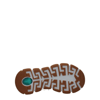 Sole view of Versace White Fabric Athletic Sneakers with rubber sole and logo design.