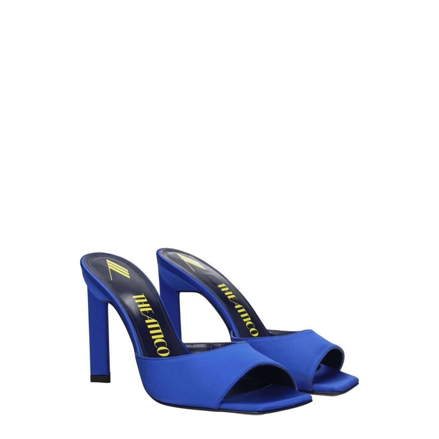 The Attico Blue Satin Stiletto Heel Sandals with rhinestone, open toe, high heel, and leather sole in cobalt blue.