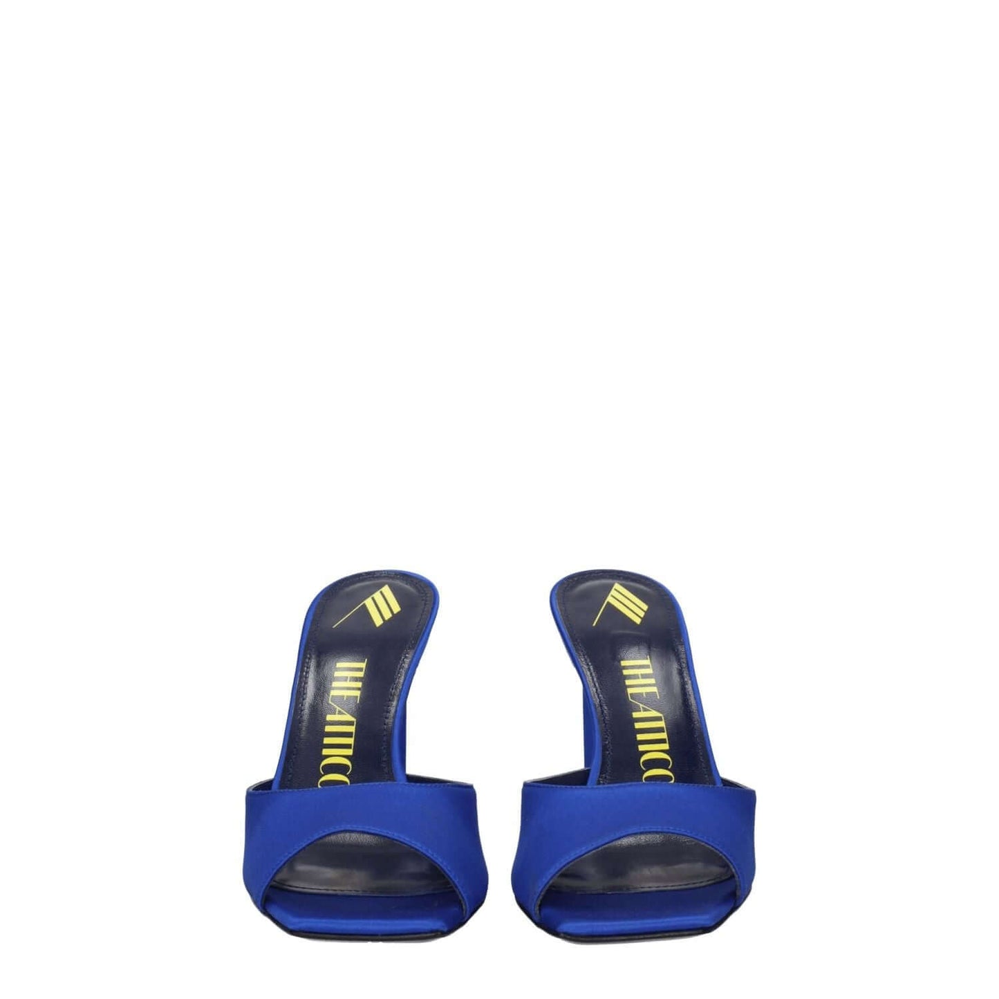 The Attico Blue Satin Stiletto Heel Sandals with rhinestone detail and open toe design, 10 cm high heel, leather sole, casual style.