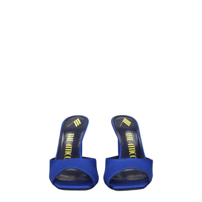 The Attico Blue Satin Stiletto Heel Sandals with rhinestone detail and open toe design, 10 cm high heel, leather sole, casual style.