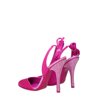 The Attico Pink Satin Stiletto Heel Sandals with rhinestones, round toe, self-tie closure, high heel type, and leather sole, 11 cm heel height.