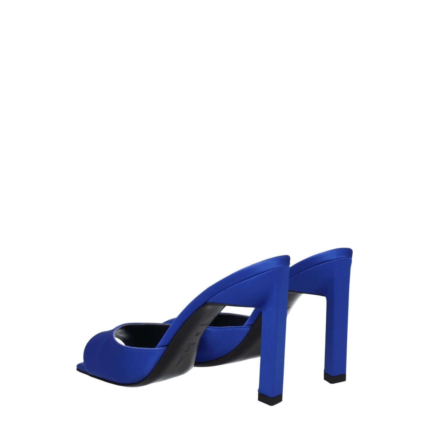 The Attico Blue Satin Stiletto Heel Sandals with rhinestones, open toe, leather sole, and cobalt secondary color.