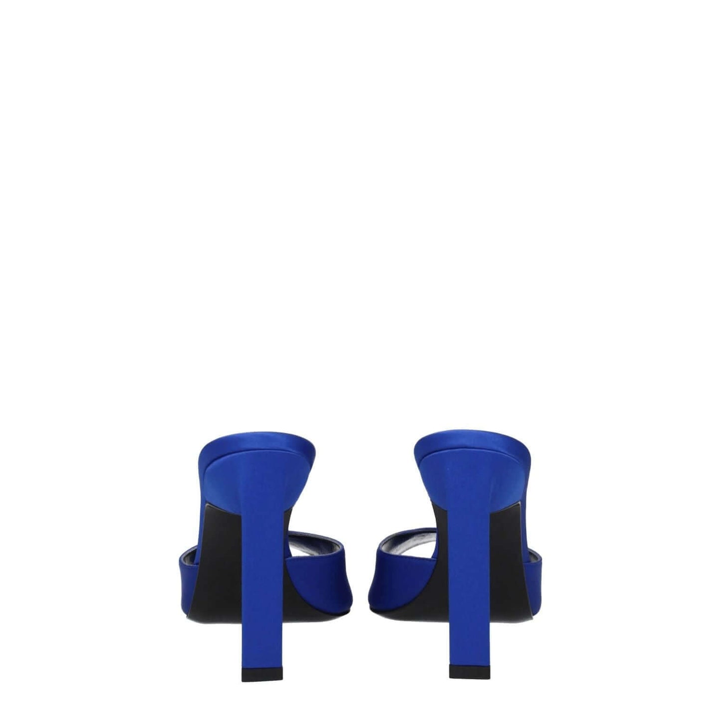 The Attico Blue Satin Stiletto Heel Sandals, open toe with leather sole and rhinestone detail, rear view of high heel style.