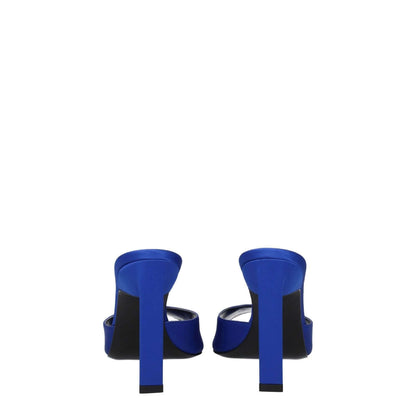 The Attico Blue Satin Stiletto Heel Sandals, open toe with leather sole and rhinestone detail, rear view of high heel style.