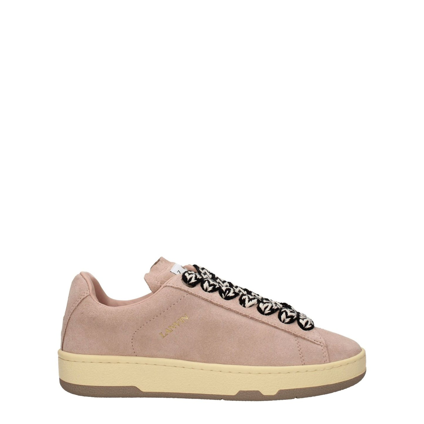 Lanvin Pink Leather Low Top Sneakers with logo, aged and vintage effect, suede material, lace-up closure, and rubber sole.