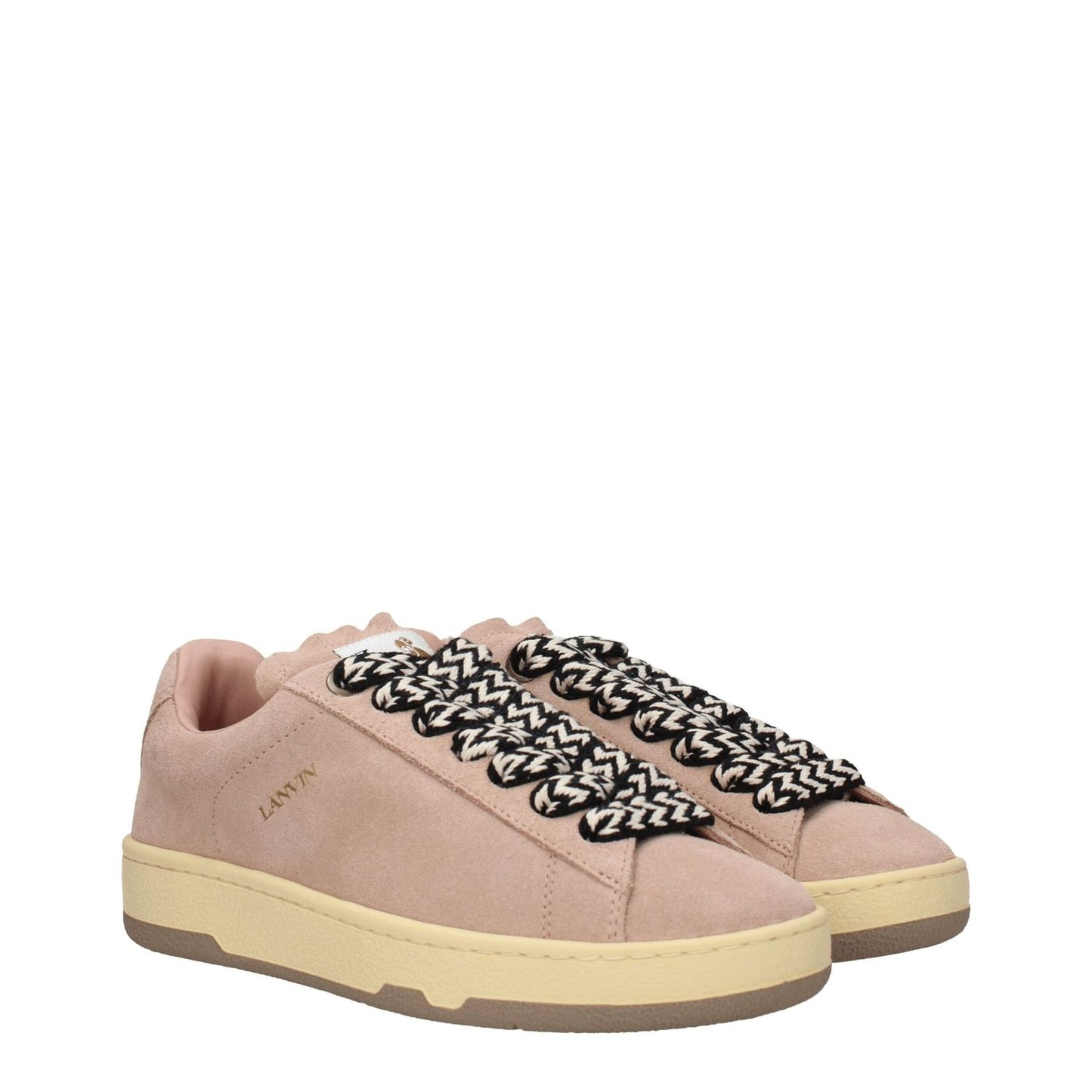 Lanvin Pink Leather Low Top Sneakers with vintage effect and logos, featuring lace-up closure and rubber sole. Casual style, round toe design.