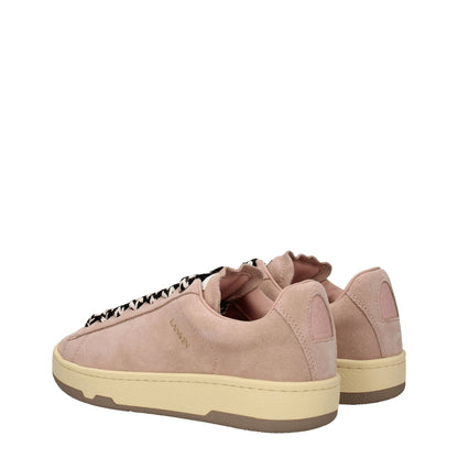 Lanvin Pink Leather Low Top Sneakers featuring vintage suede design, aged effect, and distinctive logo details on the side, front, and back.
