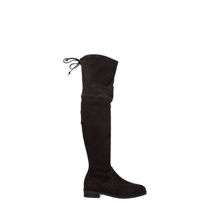 Stuart Weitzman Brown Leather Over The Knee suede boots with self-tie closure, round toe, and rubber sole.
