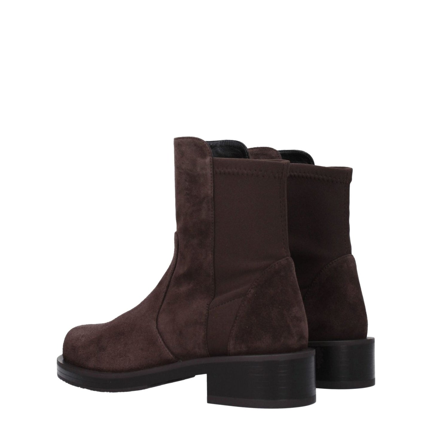 Stuart Weitzman Brown Leather Ankle Boots with mid heels and round toe, featuring a rubber sole and suede material in hickory.