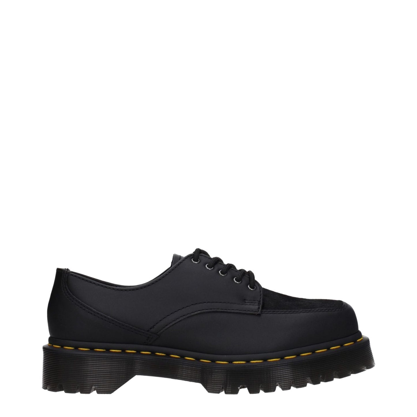 Dr. Martens Black Leather Oxfords And Derbies with rubber sole and mid heels, featuring a lace-up closure and square toe design.