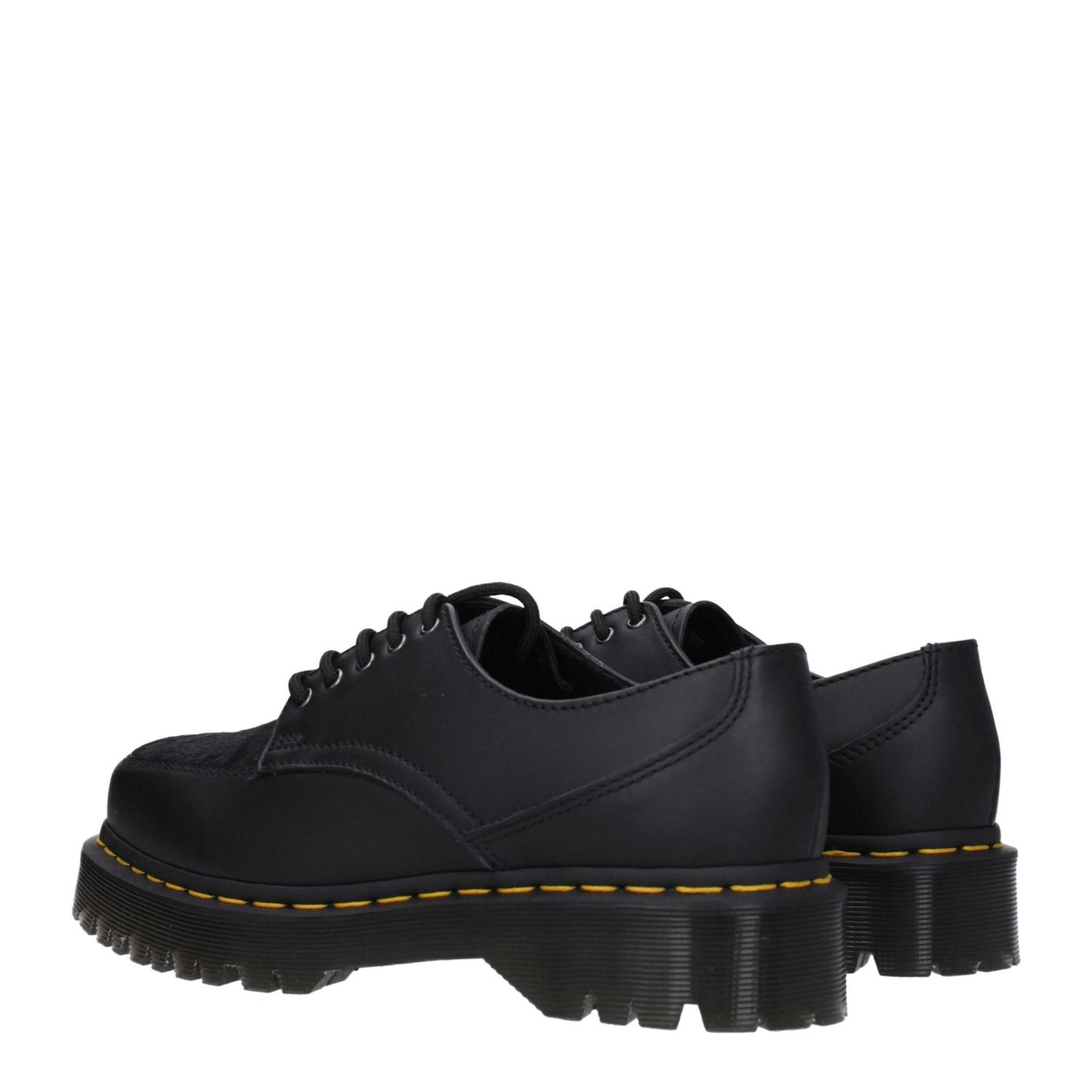 Dr. Martens Black Leather Oxfords And Derbies with lace-up design, mid heel, rubber sole, and square toe in a casual style.