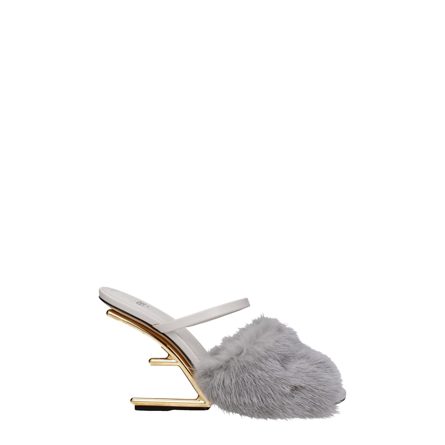 Fendi Gray Mink Slippers with high heel, open toe, and leather sole in light grey and gold accents, featuring side logo design.