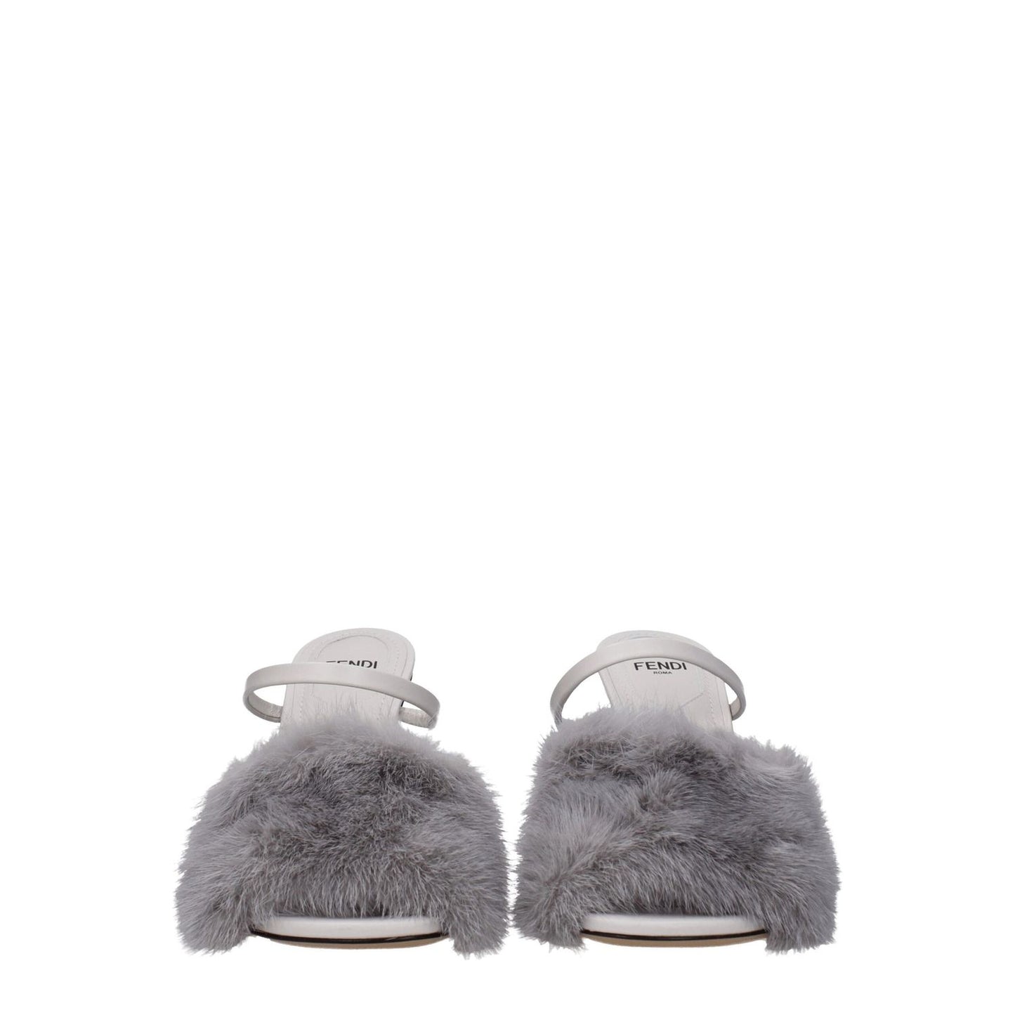 Fendi Gray Mink Slippers, open toe, high heel sandals with leather sole, featuring side logo, designed in luxurious light grey mink by Fendi.