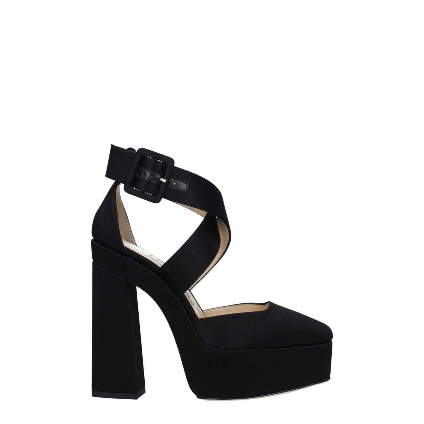 Jimmy Choo Black Satin Platform Sandals with buckle closure, high heel, and square toe for stylish casual wear.