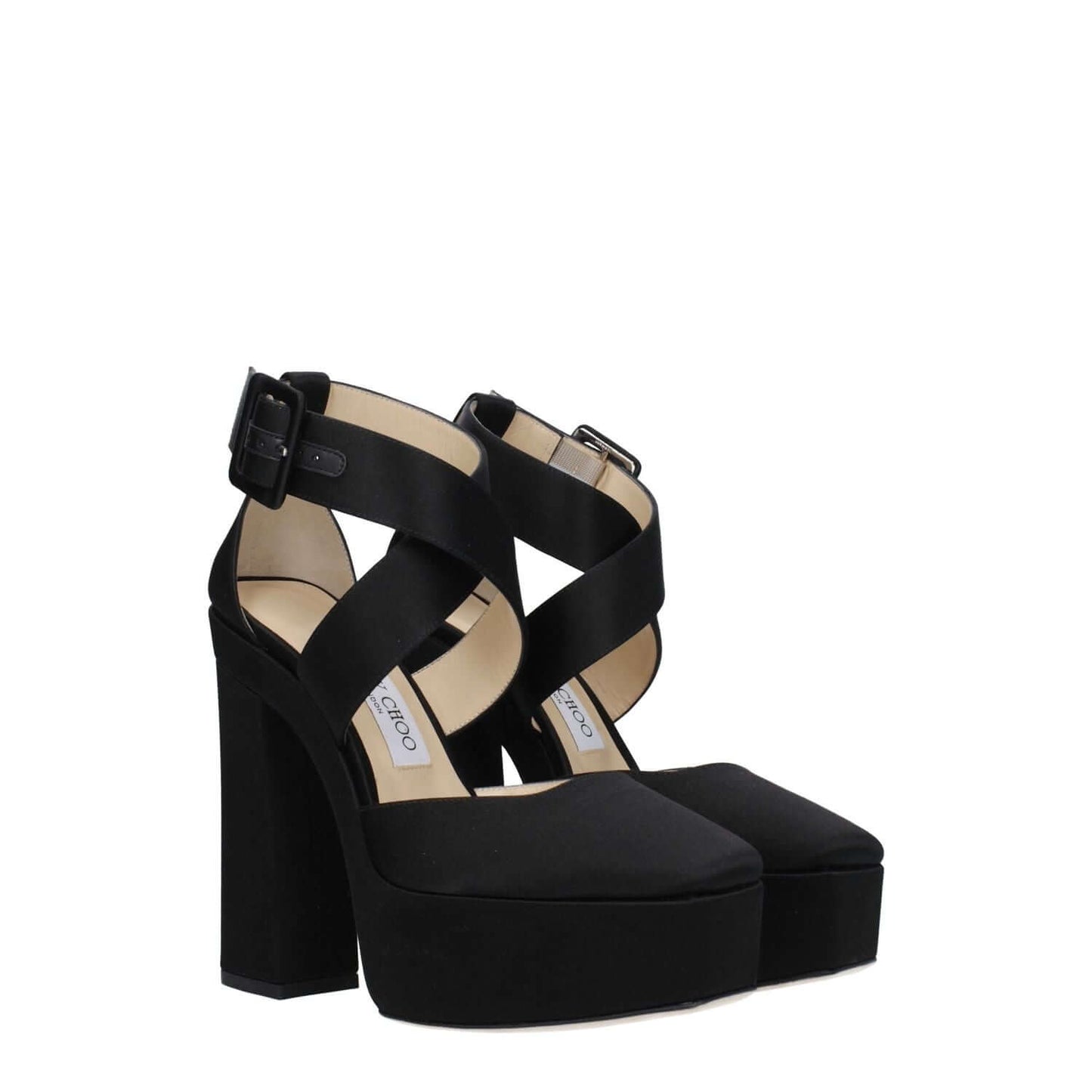 Jimmy Choo Black Satin Platform Sandals with buckle closure, high heel, and square toe design, MPN GIAN140SATBLACK.