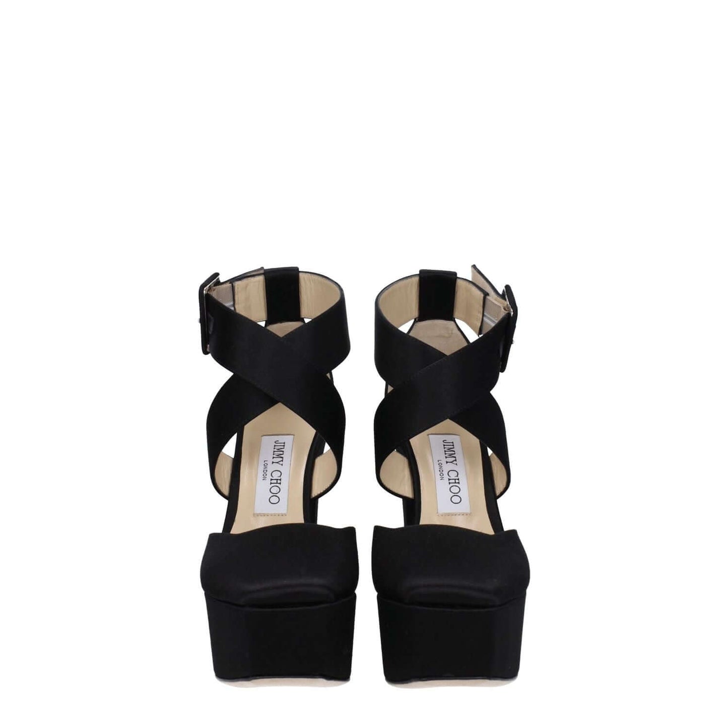 Jimmy Choo Black Satin Platform Sandals with buckle closure and high heel, featuring a leather sole and square toe design.